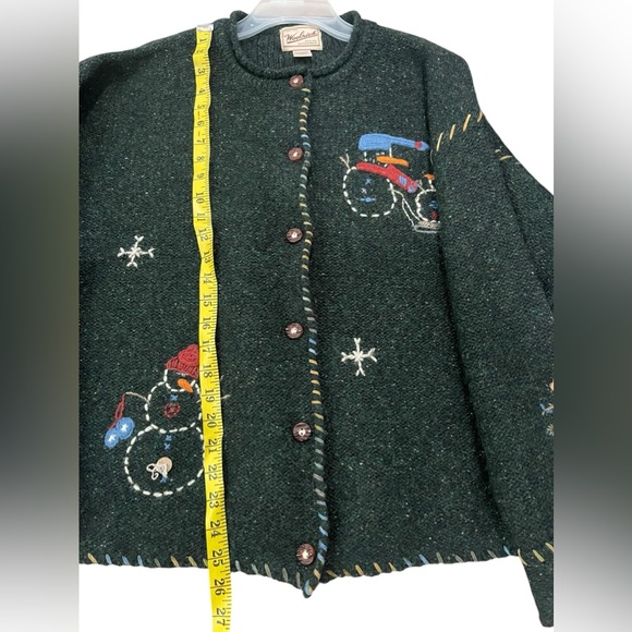 Woolrich Christmas Holiday Pure Wool Cardigan Green Size L Snowman Embroidered - Picture 10 of 12